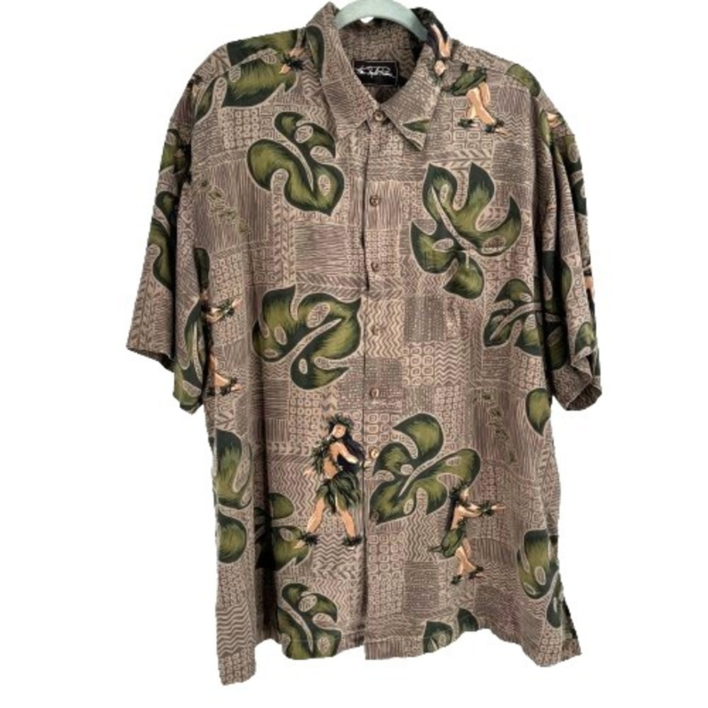 Kim Taylor Reece 100% Silk Hawaiian Shirt Men's 2XL Brown Hula Girl Resortwear